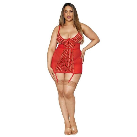 🦋B2G1🦋DREAMGIRL Stretch Mesh & Heart Printed Striped Elastic Garter Slip PLUS 1X - Picture 4 of 6